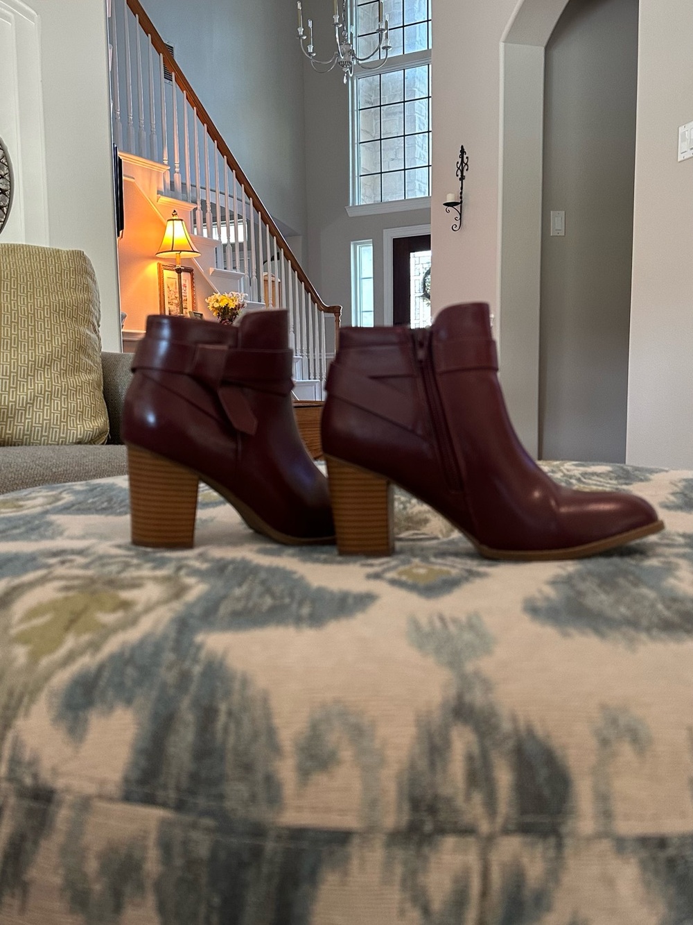 ZBY Burgundy Wine Ankle Booties Block Heel Wrap Detail